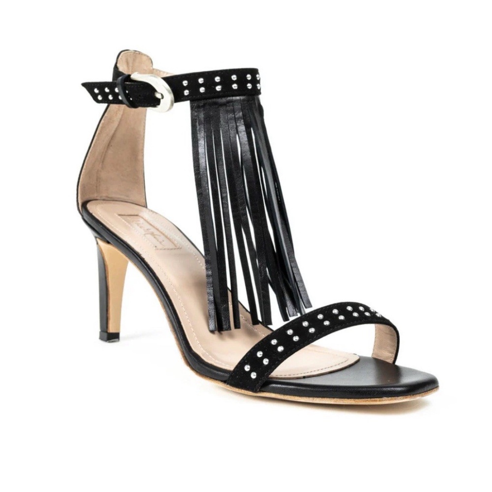 Black Ragazza Heels Made In Italy Size 37 Genuine Leather Fringe Studded US 6.5